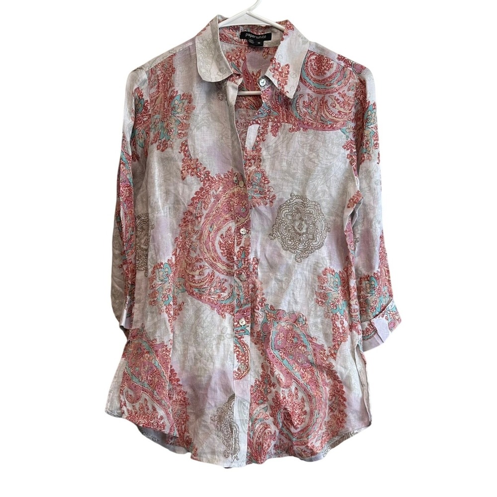 100% Linen Button Down Shirt Womens‎ 6 Pink Paisley 3/4 Sleeve Top Boho Vacation